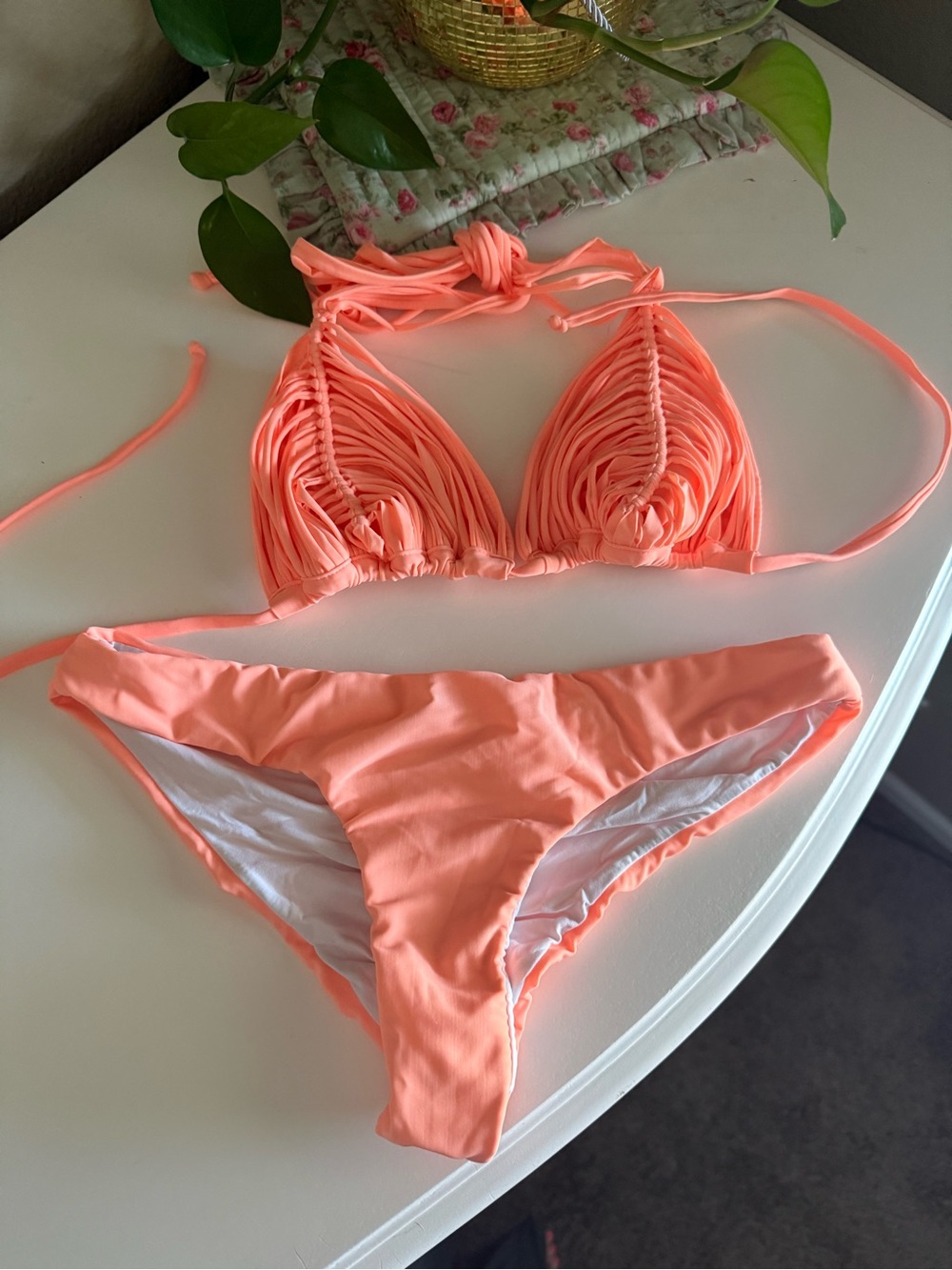 Pilyq Coral Pink Fringe Triangle Bikini Set
